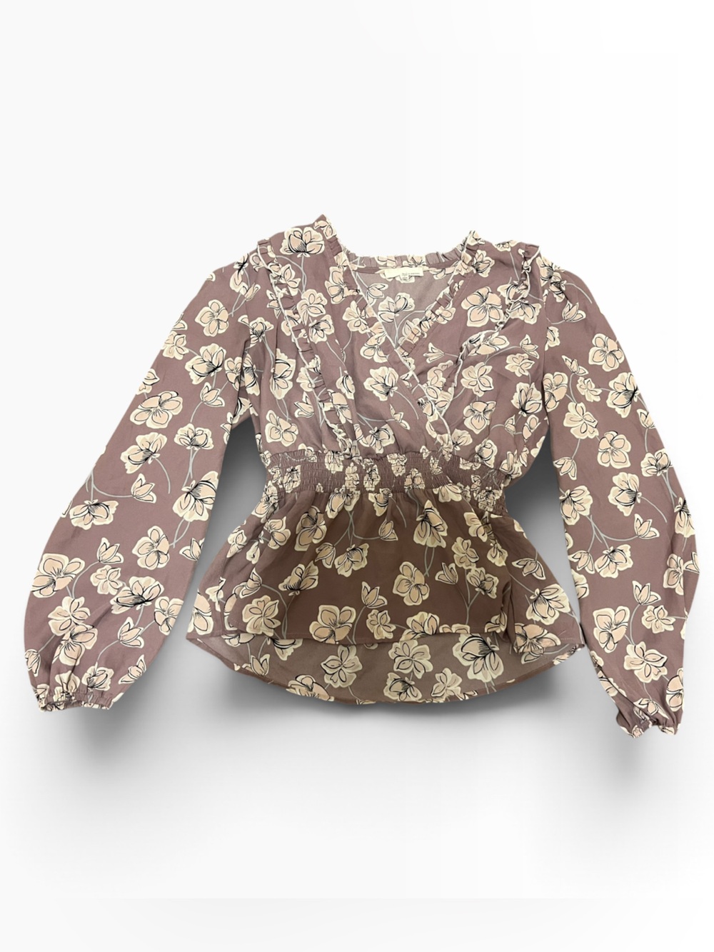 June & Hudson Floral Smocked Long Sleeve Blouse Mauve Medium
